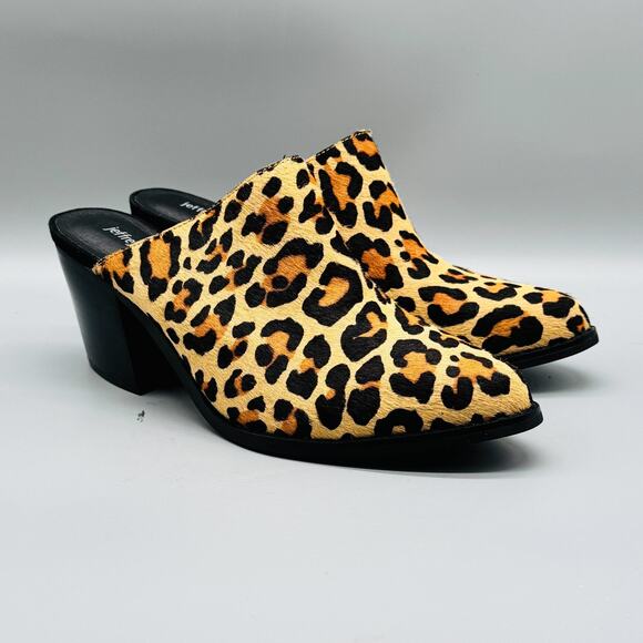 Jeffrey Campbell Women 9 Brown Favela Calf Hair Leopard Mules Slip On Block Heel - Picture 2 of 11